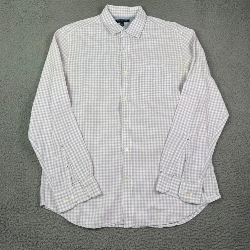 Banana Republic Shirt Mens L Purple Plaid Long Sleeve Linen Blend Button Summer